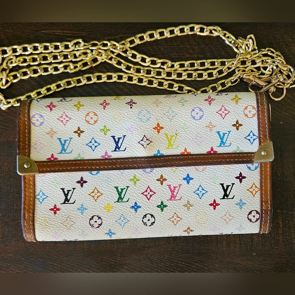 Murakami Louis Vuitton White Multi Color Monogram Long Wallet w/ Gold Ch…